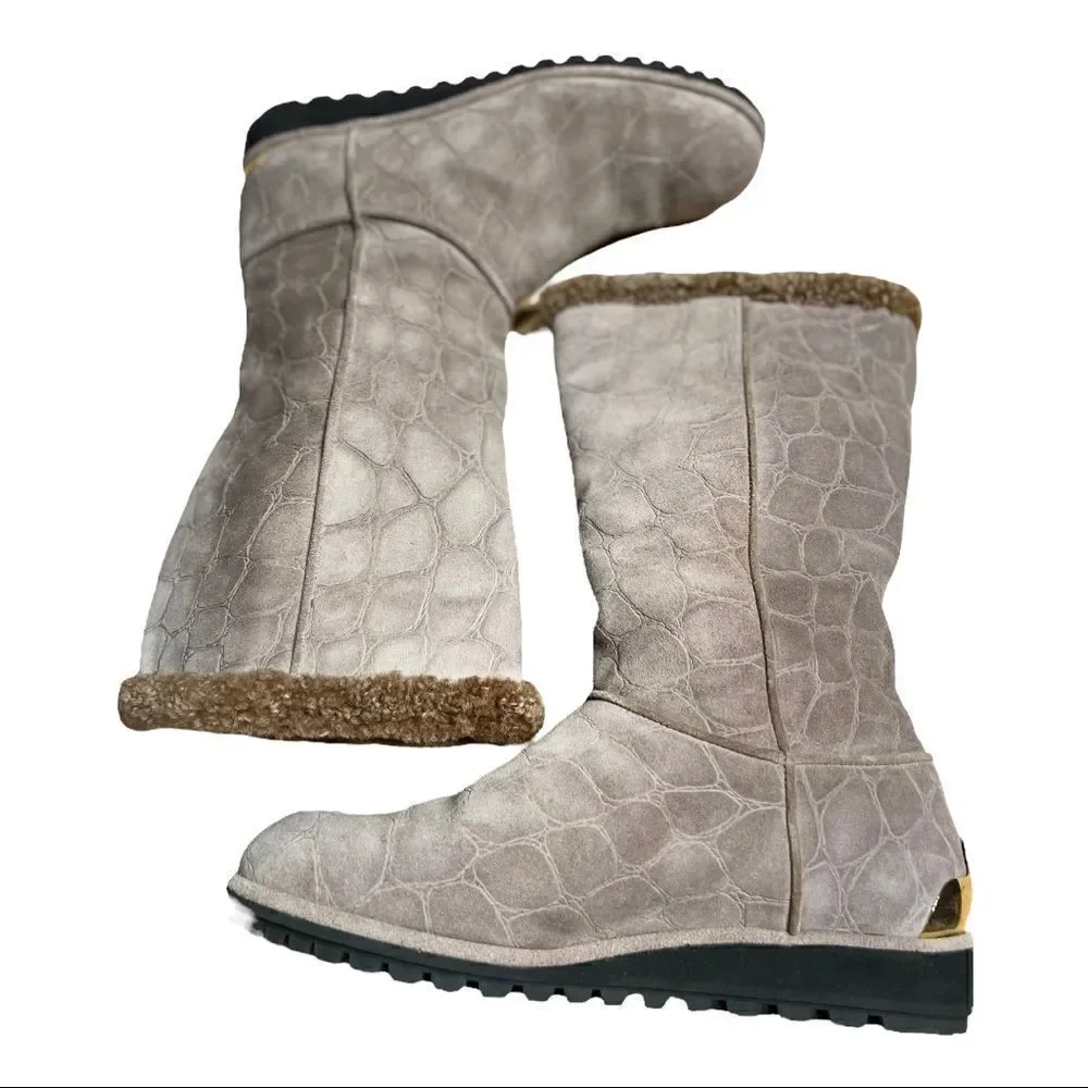 Stuart Weitzman Gray Tan Croc Embossed Winter Snow Boots Size 7 Medium